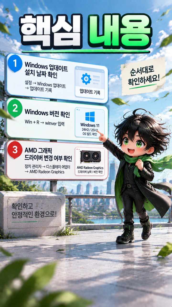 Windows 11 업데이트 후 AMD 그래픽 검은 화면·충돌이 생겼다면 먼저 확인할 항목 - 핵심 내용 핵심 내용을 정리한 정보형 이미지