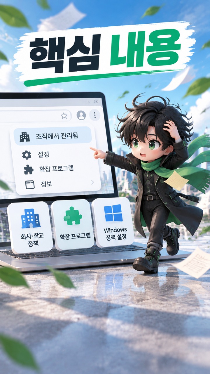 Chrome ‘조직에서 관리됨’ 표시가 뜰 때 개인 PC 정책 확인 방법 - 핵심 내용 핵심 내용을 정리한 정보형 이미지