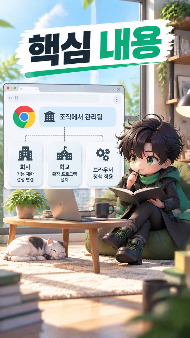 Chrome ‘조직에서 관리됨’ 표시가 뜰 때 개인 PC 정책 확인 방법 - 핵심 내용 핵심 내용을 정리한 정보형 이미지