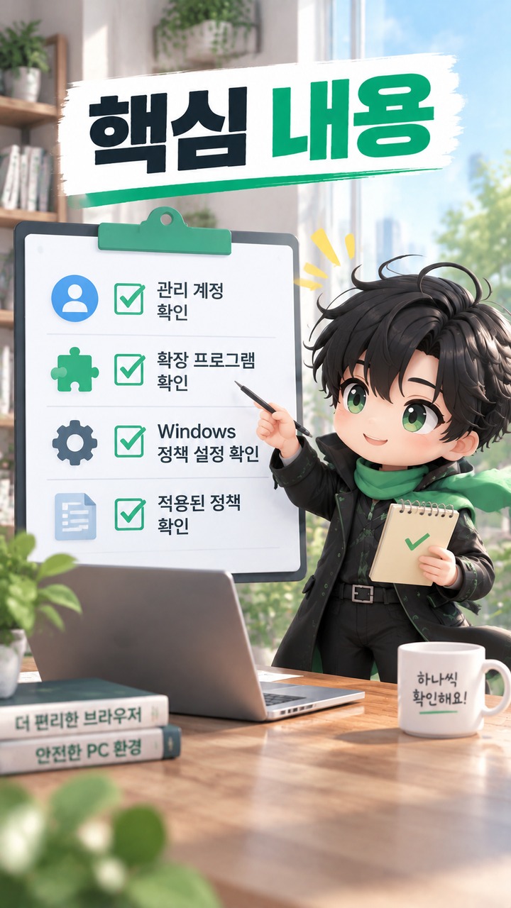 Chrome ‘조직에서 관리됨’ 표시가 뜰 때 개인 PC 정책 확인 방법 - 핵심 내용 핵심 내용을 정리한 정보형 이미지