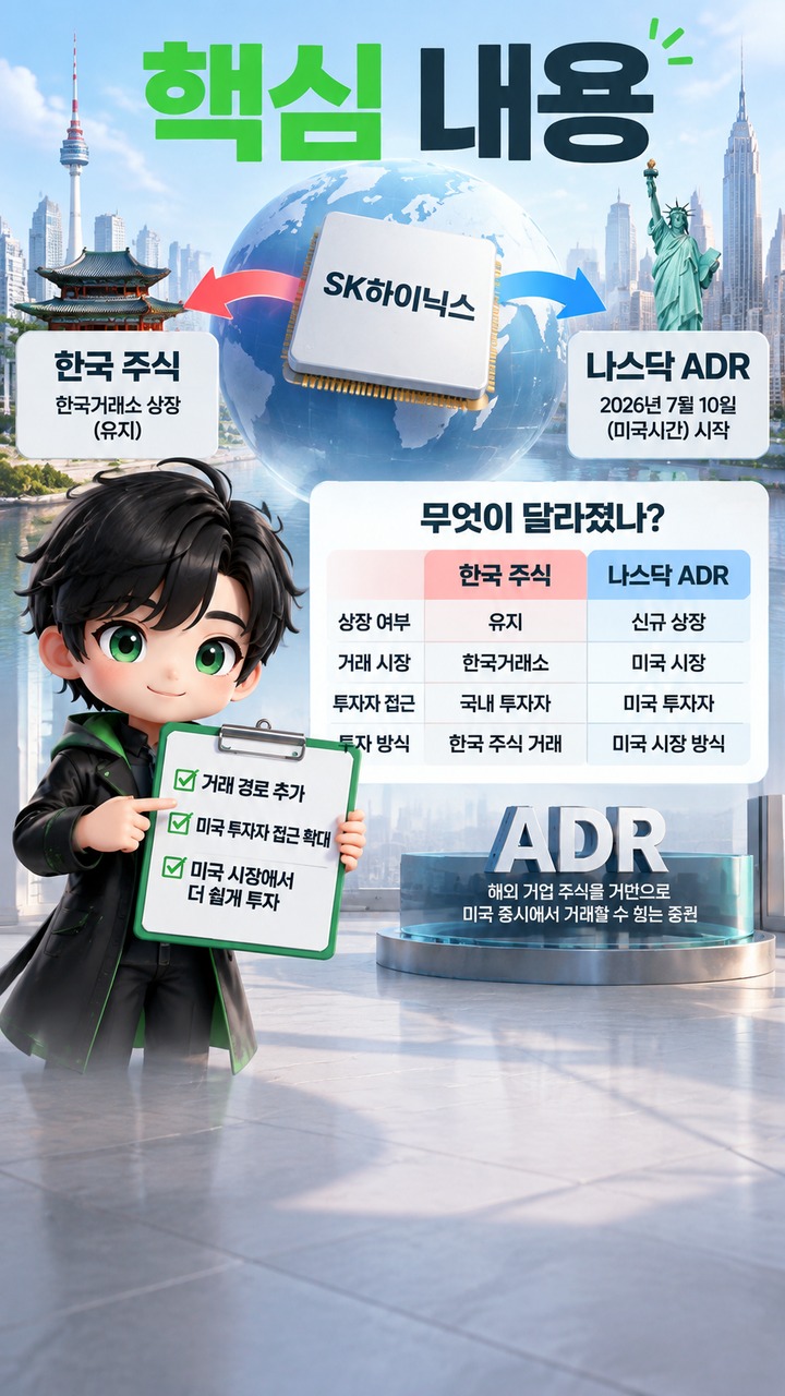 SK하이닉스 나스닥 ADR 상장 후 미국 투자자가 달라지는 점, 한국 주식과 무엇이 달라졌나 - 핵심 내용 핵심 내용을 정리한 정보형 이미지