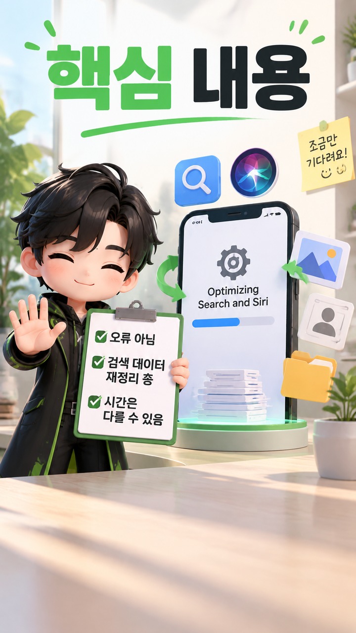 iOS 27 업데이트 후 ‘Optimizing Search and Siri’가 계속 뜨는 이유와 완료 확인 방법 - 핵심 내용 핵심 내용을 정리한 정보형 이미지