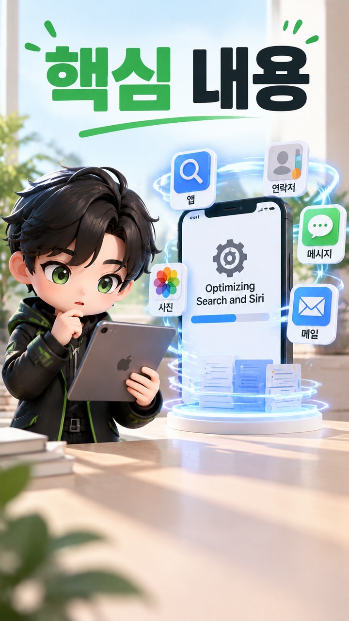 iOS 27 업데이트 후 ‘Optimizing Search and Siri’가 계속 뜨는 이유와 완료 확인 방법 - 핵심 내용 핵심 내용을 정리한 정보형 이미지