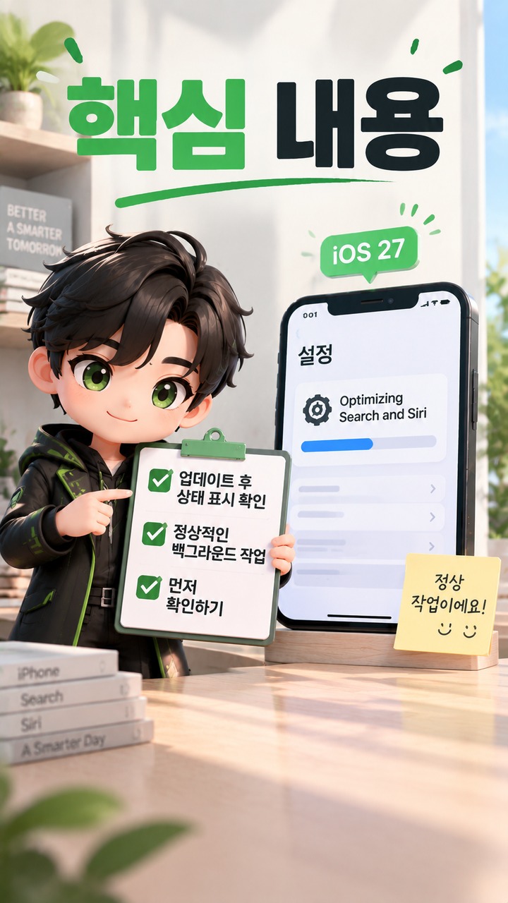 iOS 27 업데이트 후 ‘Optimizing Search and Siri’가 계속 뜨는 이유와 완료 확인 방법 - 핵심 내용 핵심 내용을 정리한 정보형 이미지