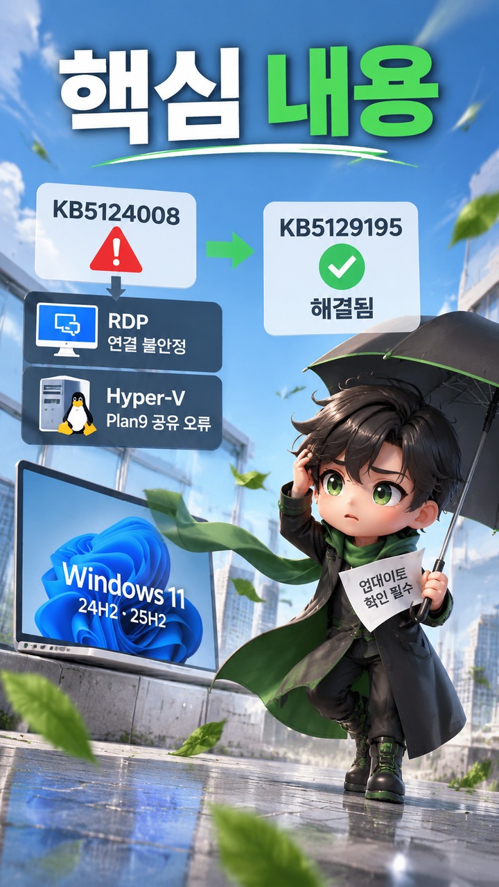 KB5124008 이후 RDP·Hyper-V 공유 오류, KB5129195 설치하면 해결됐나 - 핵심 내용 핵심 내용을 정리한 정보형 이미지