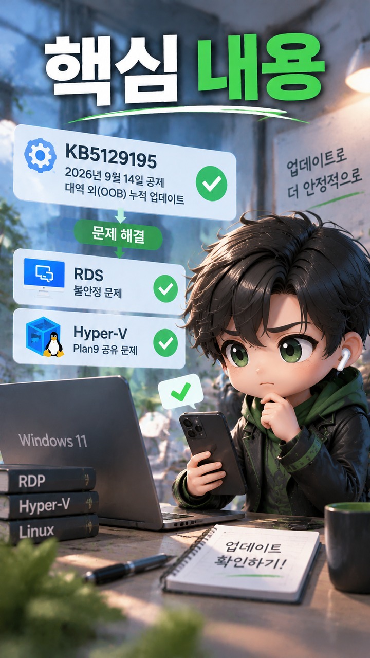 KB5124008 이후 RDP·Hyper-V 공유 오류, KB5129195 설치하면 해결됐나 - 핵심 내용 핵심 내용을 정리한 정보형 이미지