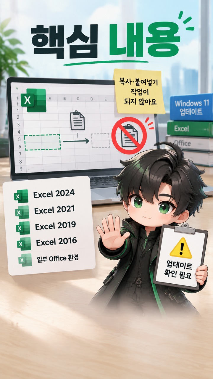 Windows 11 업데이트 후 엑셀 복사 붙여넣기가 안 될 때 확인할 원인과 해결 순서 - 핵심 내용 핵심 내용을 정리한 정보형 이미지