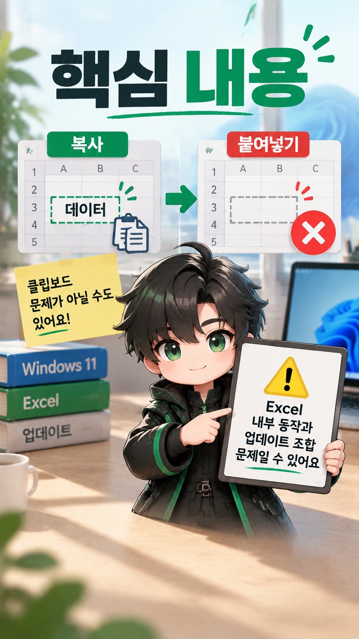 Windows 11 업데이트 후 엑셀 복사 붙여넣기가 안 될 때 확인할 원인과 해결 순서 - 핵심 내용 핵심 내용을 정리한 정보형 이미지
