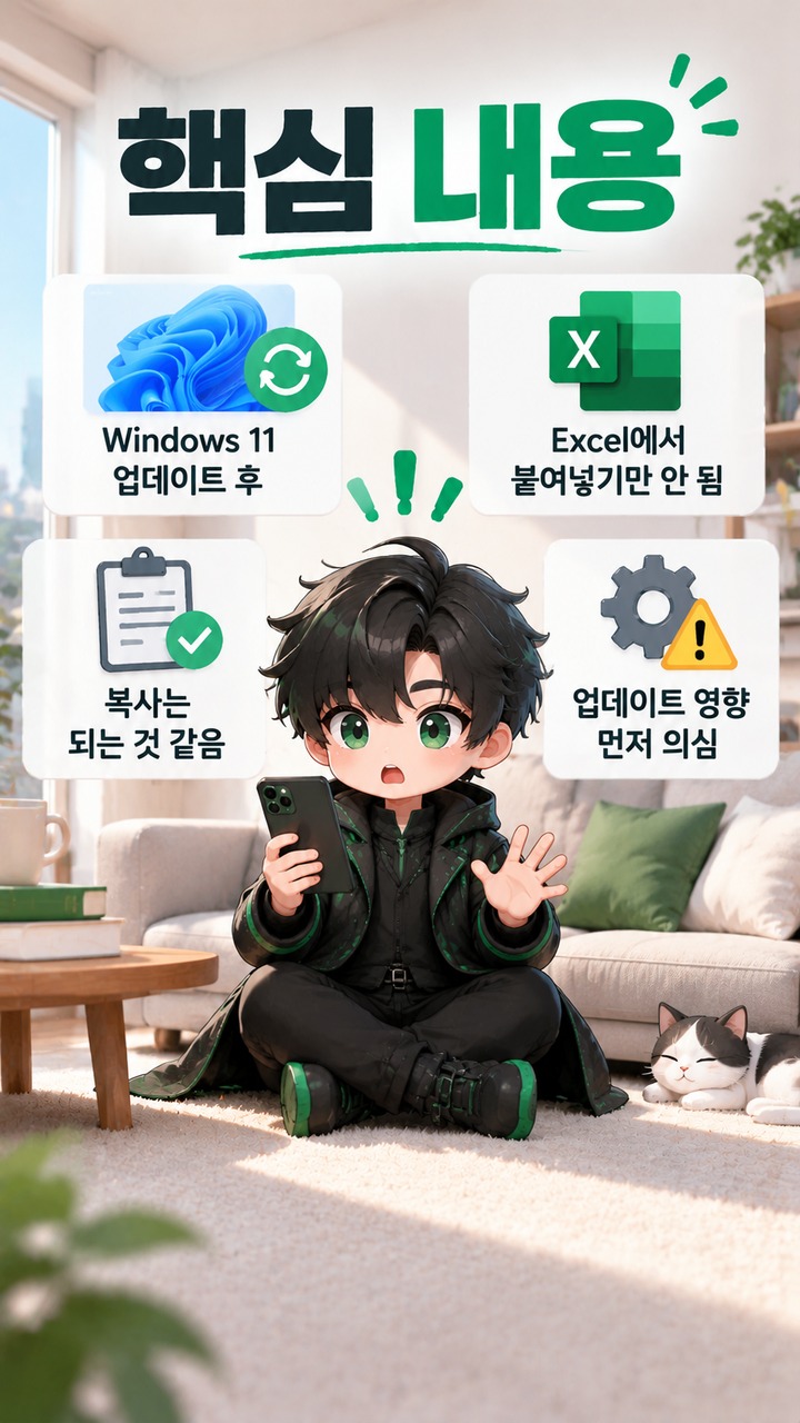 Windows 11 업데이트 후 엑셀 복사 붙여넣기가 안 될 때 확인할 원인과 해결 순서 - 핵심 내용 핵심 내용을 정리한 정보형 이미지