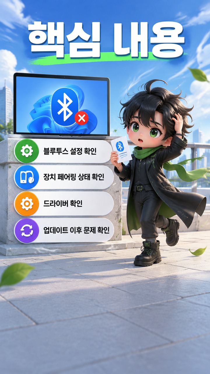 Windows 11에서 블루투스가 사라지거나 연결되지 않을 때 확인할 순서 - 핵심 내용 핵심 내용을 정리한 정보형 이미지