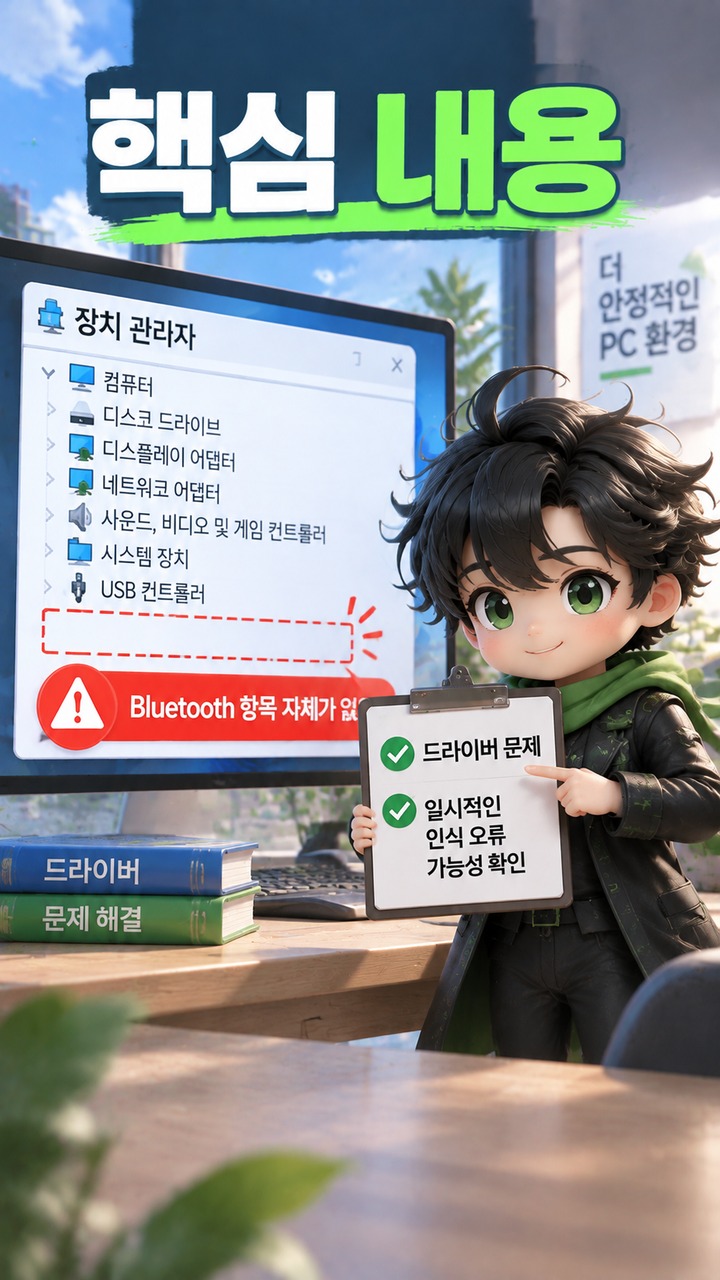 Windows 11에서 블루투스가 사라지거나 연결되지 않을 때 확인할 순서 - 핵심 내용 핵심 내용을 정리한 정보형 이미지