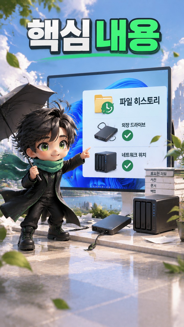 Windows 11 KB5124008 설치 후 파일 히스토리 오류, 외장 드라이브 문제인지 확인하는 방법 - 핵심 내용 핵심 내용을 정리한 정보형 이미지