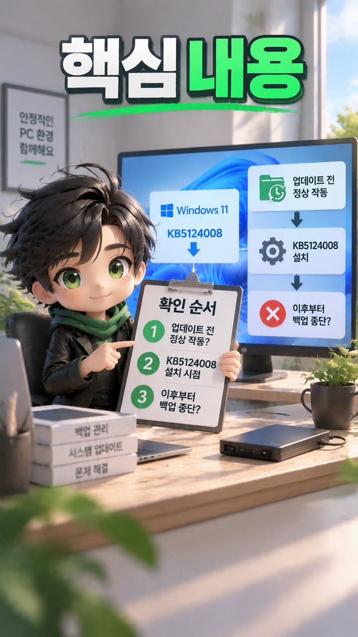 Windows 11 KB5124008 설치 후 파일 히스토리 오류, 외장 드라이브 문제인지 확인하는 방법 - 핵심 내용 핵심 내용을 정리한 정보형 이미지