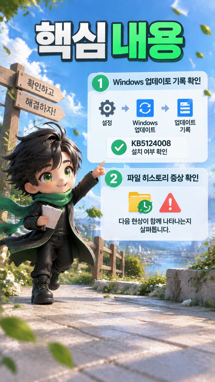 Windows 11 KB5124008 설치 후 파일 히스토리 오류, 외장 드라이브 문제인지 확인하는 방법 - 핵심 내용 핵심 내용을 정리한 정보형 이미지