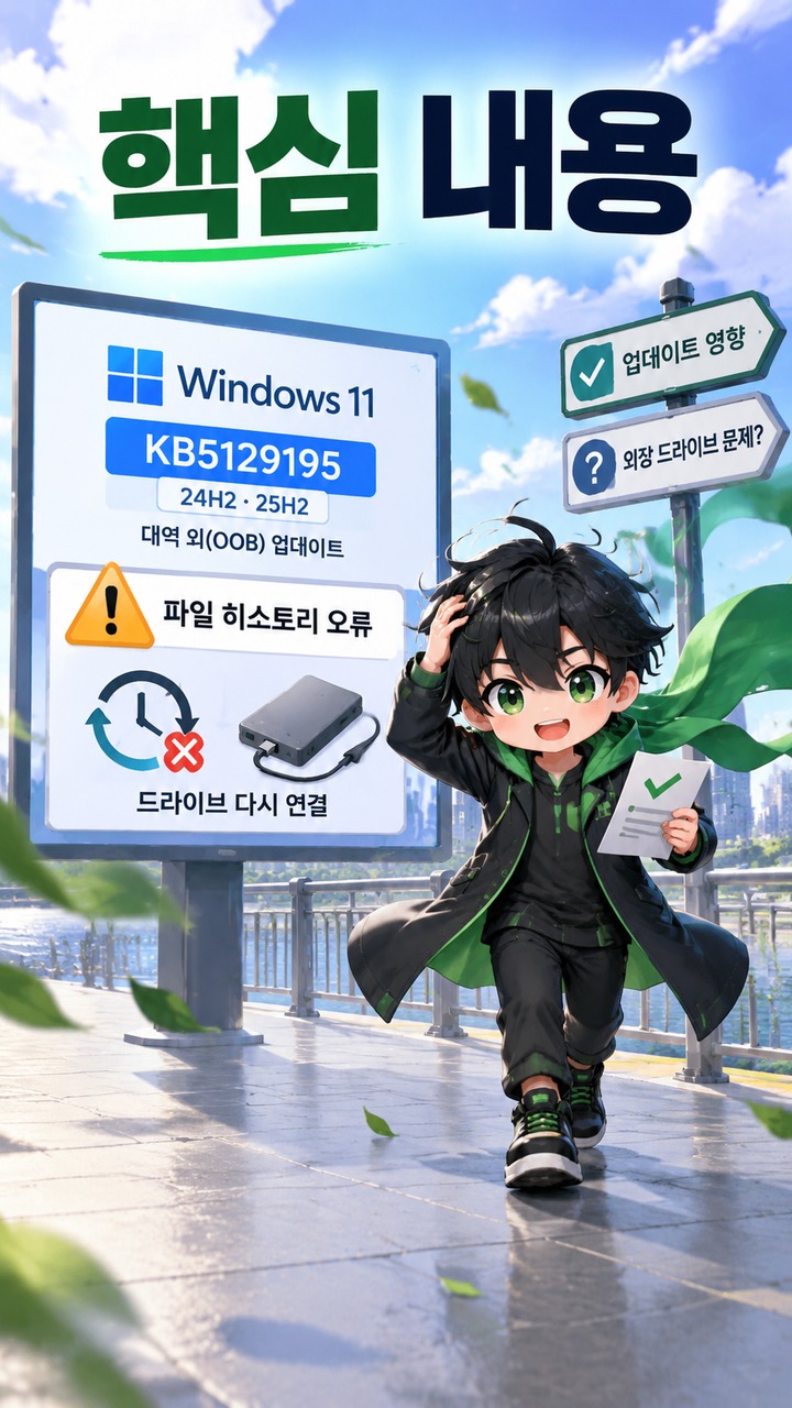 Windows 11 KB5129195 설치 후 파일 히스토리 오류, 외장 드라이브 문제인지 확인하는 방법 - 핵심 내용 핵심 내용을 정리한 정보형 이미지