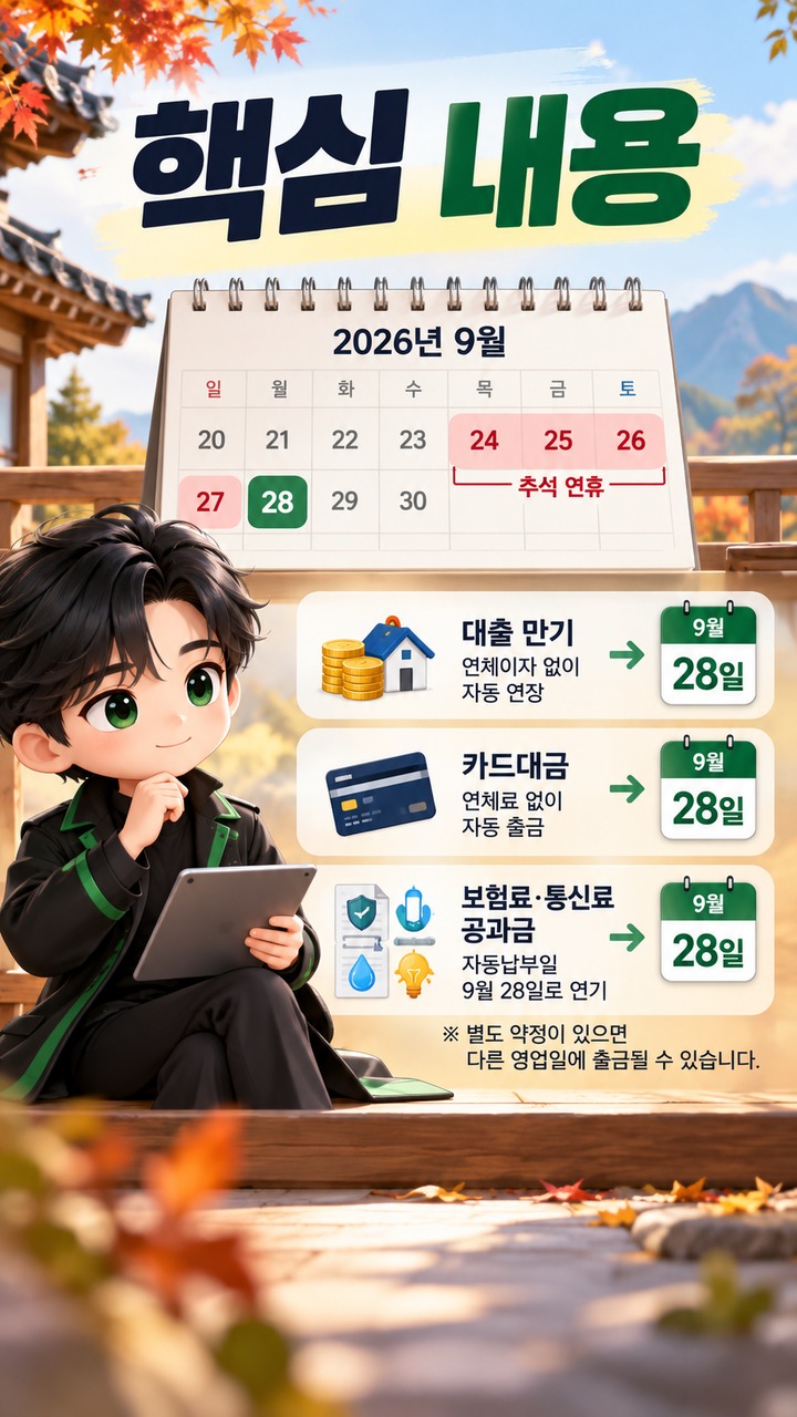 추석 연휴 대출 만기·카드값은 연체될까, 9월 28일 처리와 예외 약정 확인법 - 핵심 내용 핵심 내용을 정리한 정보형 이미지