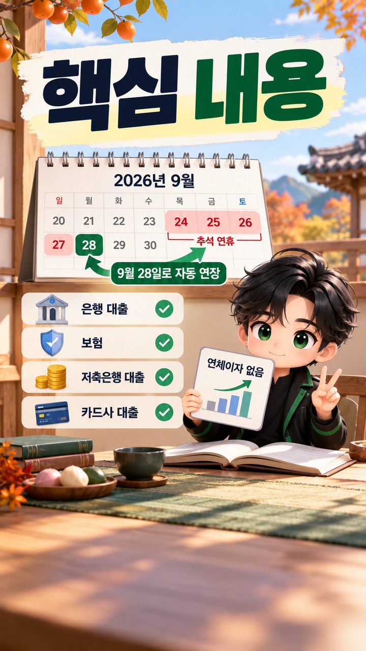 추석 연휴 대출 만기·카드값은 연체될까, 9월 28일 처리와 예외 약정 확인법 - 핵심 내용 핵심 내용을 정리한 정보형 이미지