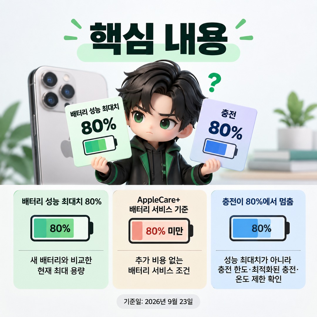 아이폰 배터리 80%면 바로 교체? AppleCare+ 기준은 ‘미만’, 충전 80%는 별개 - 핵심 내용 핵심 내용을 정리한 정보형 이미지