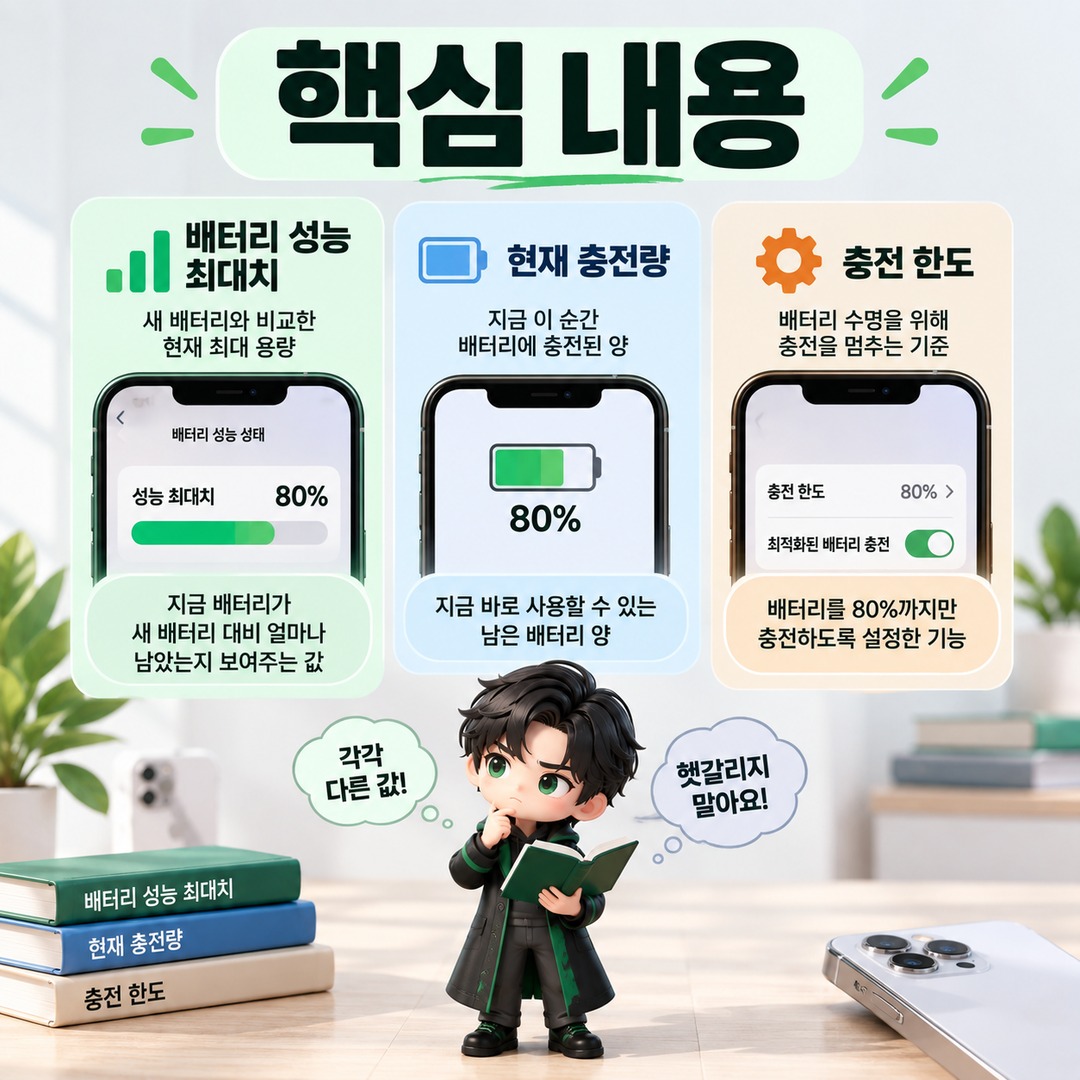 아이폰 배터리 80%면 바로 교체? AppleCare+ 기준은 ‘미만’, 충전 80%는 별개 - 핵심 내용 핵심 내용을 정리한 정보형 이미지