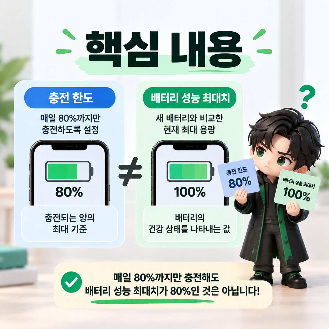 아이폰 배터리 80%면 바로 교체? AppleCare+ 기준은 ‘미만’, 충전 80%는 별개 - 핵심 내용 핵심 내용을 정리한 정보형 이미지