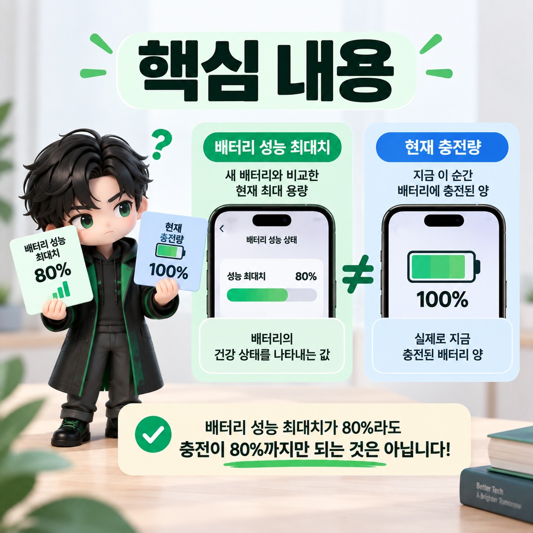 아이폰 배터리 80%면 바로 교체? AppleCare+ 기준은 ‘미만’, 충전 80%는 별개 - 핵심 내용 핵심 내용을 정리한 정보형 이미지