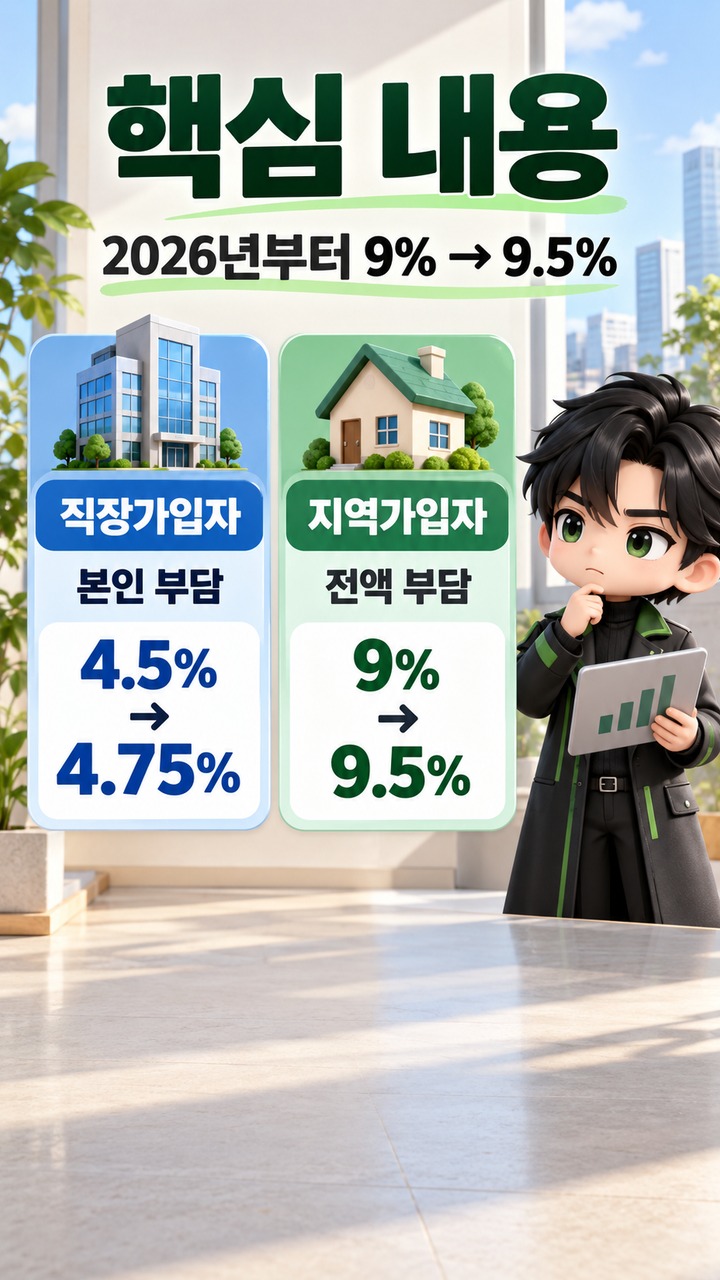 국민연금 보험료율 9.5% 적용 후 월급에서 얼마나 더 빠질까, 직장인·지역가입자 계산법 - 핵심 내용 핵심 내용을 정리한 정보형 이미지