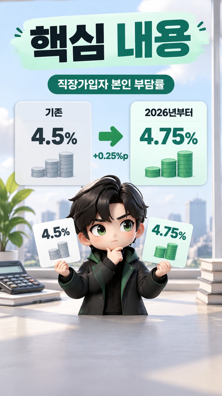국민연금 보험료율 9.5% 적용 후 월급에서 얼마나 더 빠질까, 직장인·지역가입자 계산법 - 핵심 내용 핵심 내용을 정리한 정보형 이미지