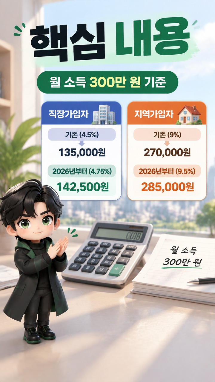 국민연금 보험료율 9.5% 적용 후 월급에서 얼마나 더 빠질까, 직장인·지역가입자 계산법 - 핵심 내용 핵심 내용을 정리한 정보형 이미지