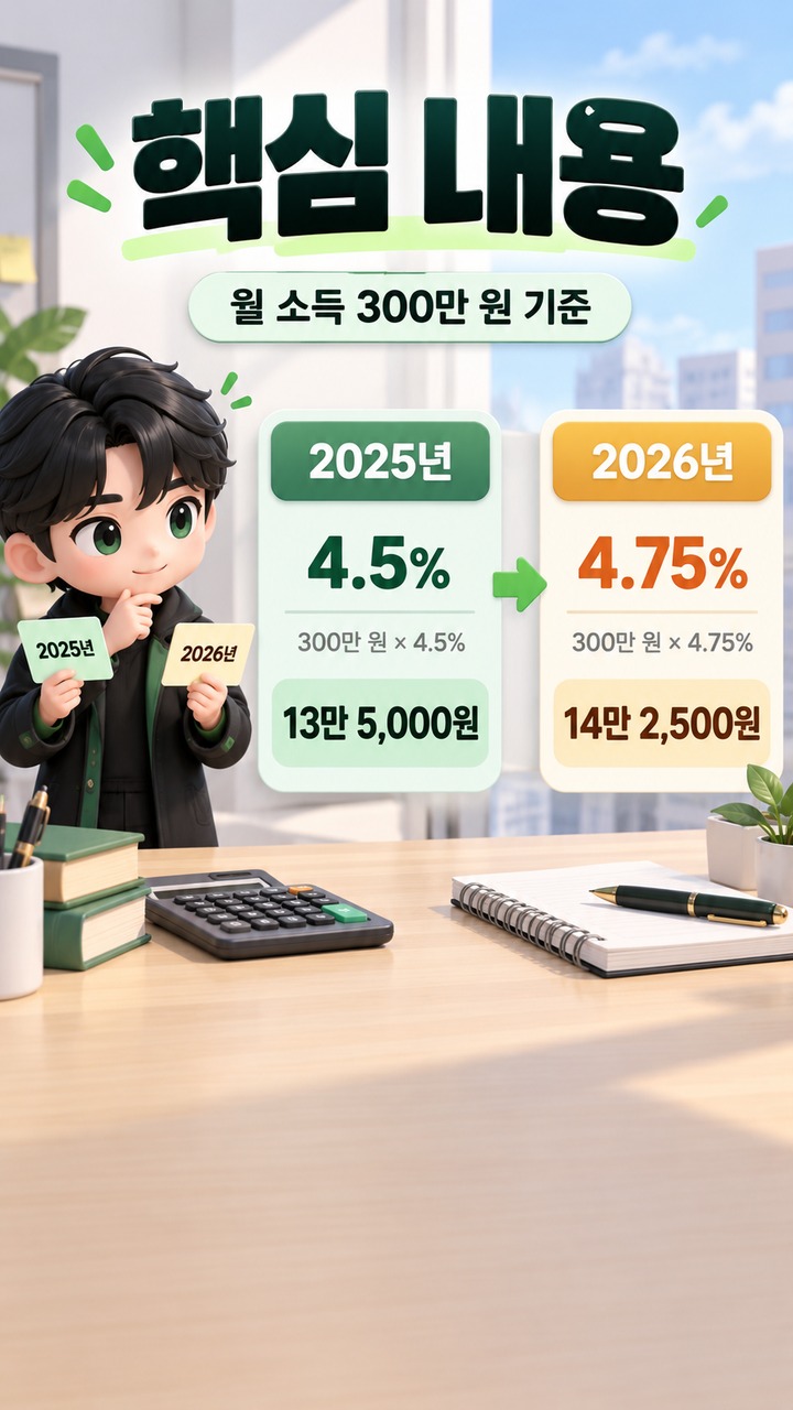 국민연금 보험료율 9.5% 적용 후 월급에서 얼마나 더 빠질까, 직장인·지역가입자 계산법 - 핵심 내용 핵심 내용을 정리한 정보형 이미지