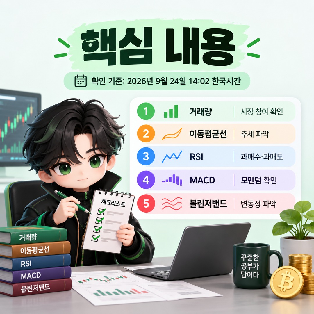 코린이가 꼭 배워야 할 지표 5가지, 거래량·이동평균·RSI·MACD·볼린저밴드 보는 순서 - 핵심 내용 핵심 내용을 정리한 정보형 이미지