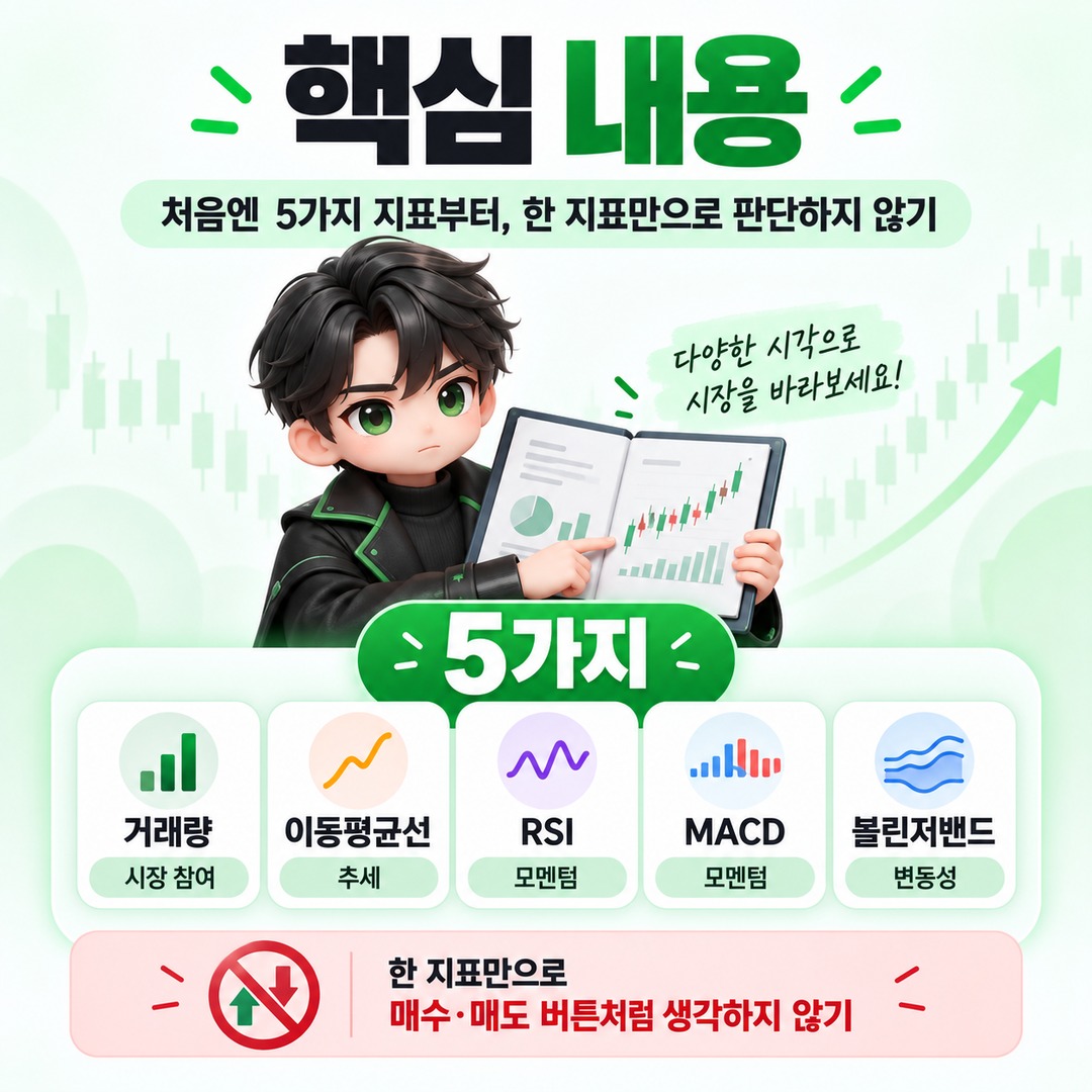 코린이가 꼭 배워야 할 지표 5가지, 거래량·이동평균·RSI·MACD·볼린저밴드 보는 순서 - 핵심 내용 핵심 내용을 정리한 정보형 이미지