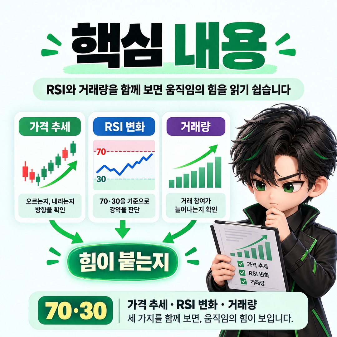 RSI 지표와 거래량으로 알 수 있는 것, 70·30보다 중요한 ‘힘이 붙는지’ 보는 법 - 핵심 내용 핵심 내용을 정리한 정보형 이미지
