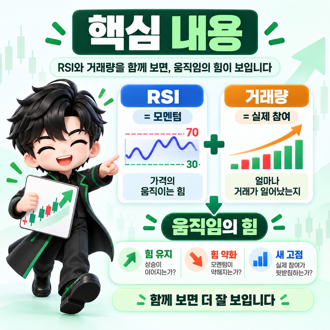 RSI 지표와 거래량으로 알 수 있는 것, 70·30보다 중요한 ‘힘이 붙는지’ 보는 법 - 핵심 내용 핵심 내용을 정리한 정보형 이미지