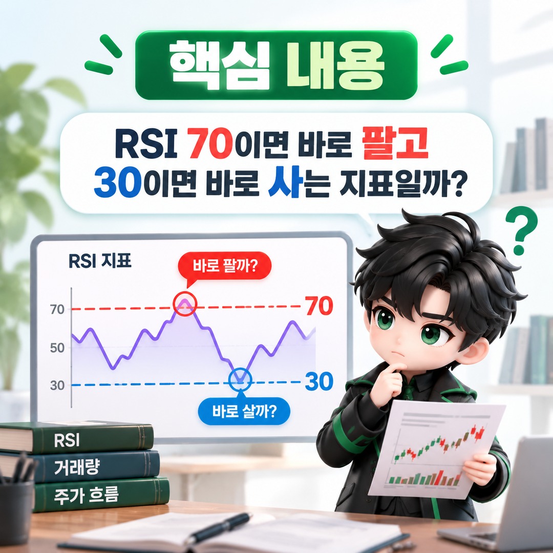 RSI 지표와 거래량으로 알 수 있는 것, 70·30보다 중요한 ‘힘이 붙는지’ 보는 법 - 핵심 내용 핵심 내용을 정리한 정보형 이미지