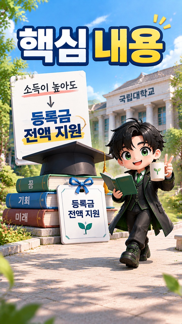 소득이 높아도 등록금 전액 지원 대상이 될 수 있다 - 핵심 내용 핵심 내용을 정리한 정보형 이미지