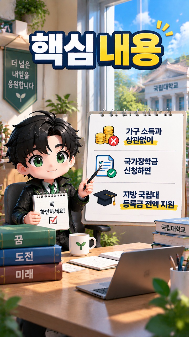 소득이 높아도 등록금 전액 지원 대상이 될 수 있다 - 핵심 내용 핵심 내용을 정리한 정보형 이미지