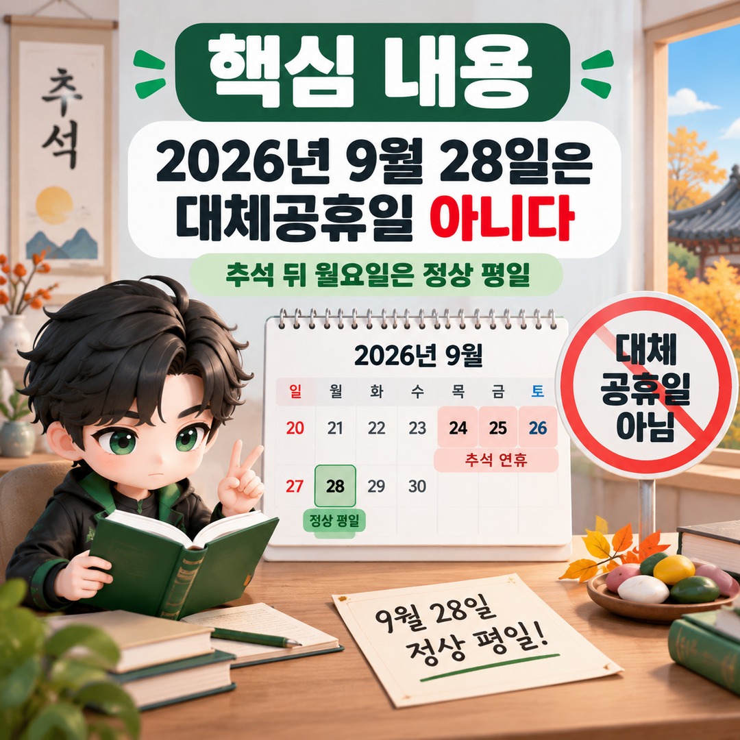 **2026년 9월 28일**은 대체공휴일 아니다, 추석 뒤 월요일은 정상 평일 - 핵심 내용 핵심 내용을 정리한 정보형 이미지