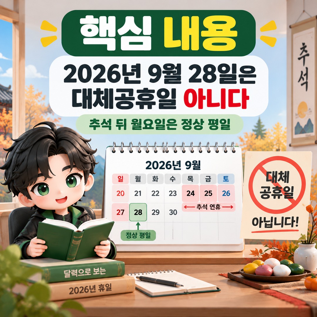 **2026년 9월 28일**은 대체공휴일 아니다, 추석 뒤 월요일은 정상 평일 - 핵심 내용 핵심 내용을 정리한 정보형 이미지