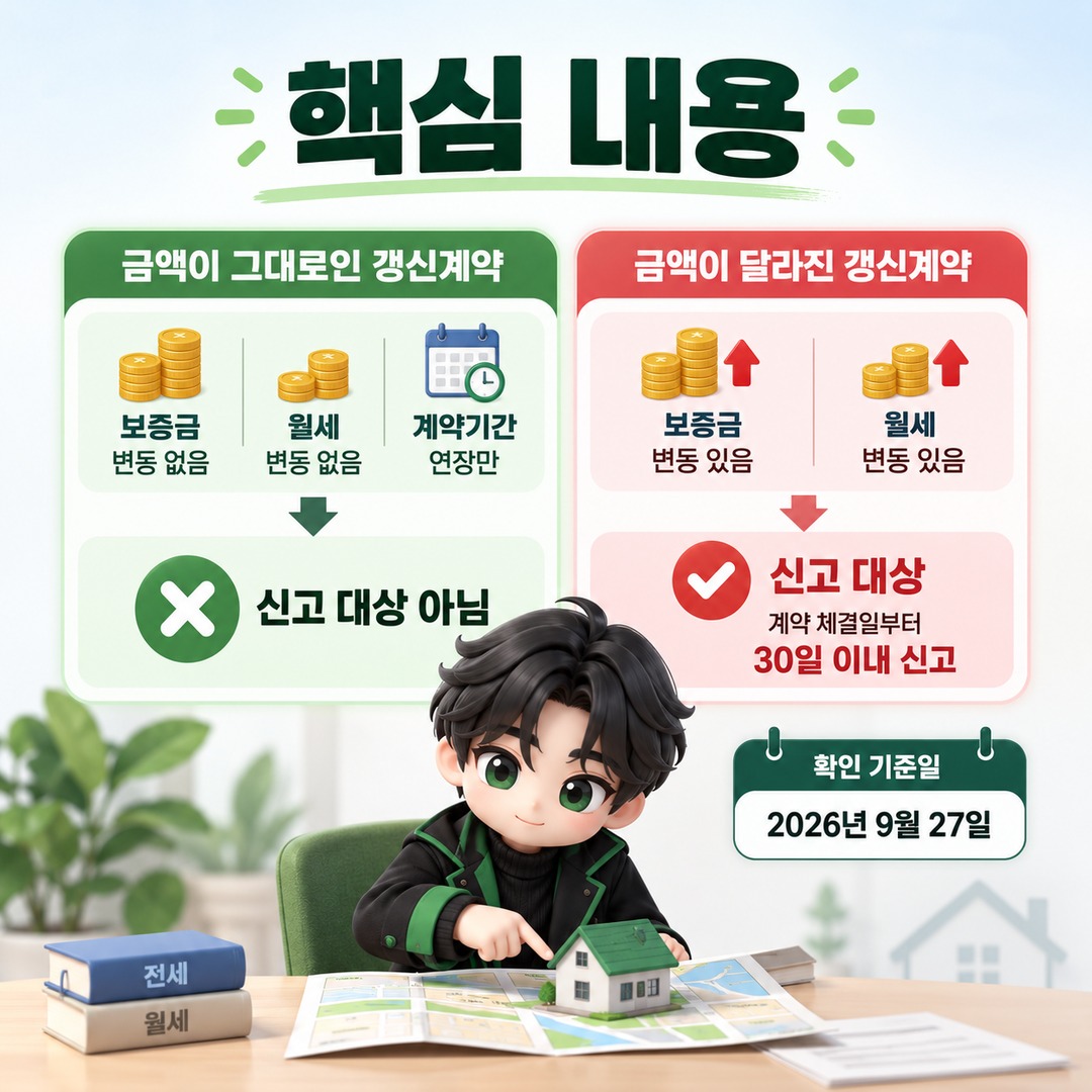 재계약서를 새로 썼어도 금액이 그대로면 신고 대상이 아니다 - 핵심 내용 핵심 내용을 정리한 정보형 이미지