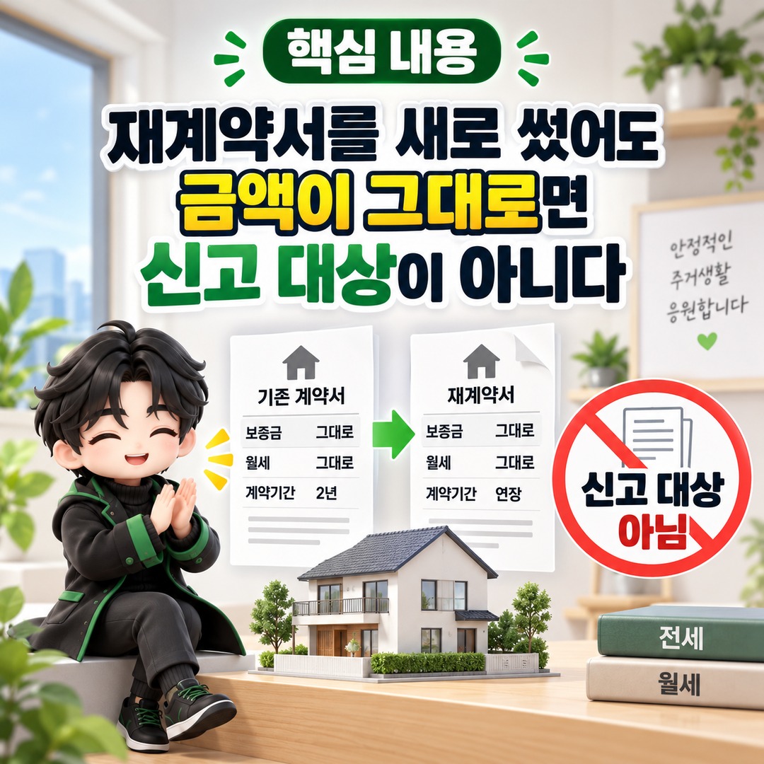 재계약서를 새로 썼어도 금액이 그대로면 신고 대상이 아니다 - 핵심 내용 핵심 내용을 정리한 정보형 이미지