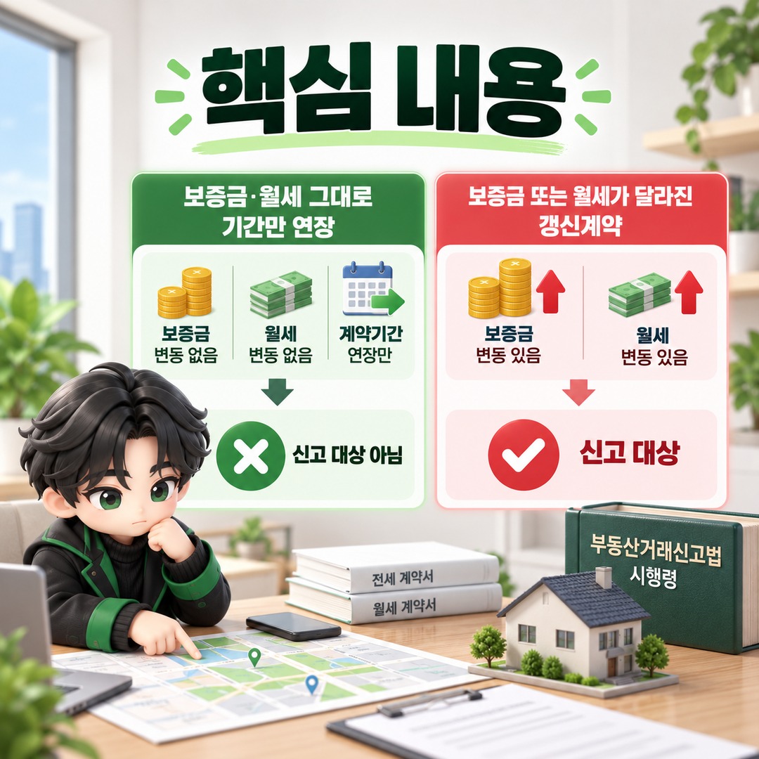 재계약서를 새로 썼어도 금액이 그대로면 신고 대상이 아니다 - 핵심 내용 핵심 내용을 정리한 정보형 이미지