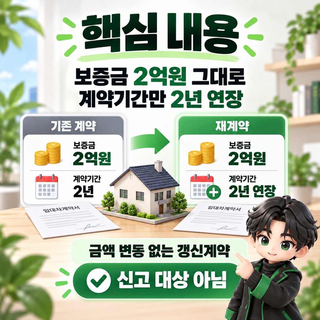 재계약서를 새로 썼어도 금액이 그대로면 신고 대상이 아니다 - 핵심 내용 핵심 내용을 정리한 정보형 이미지