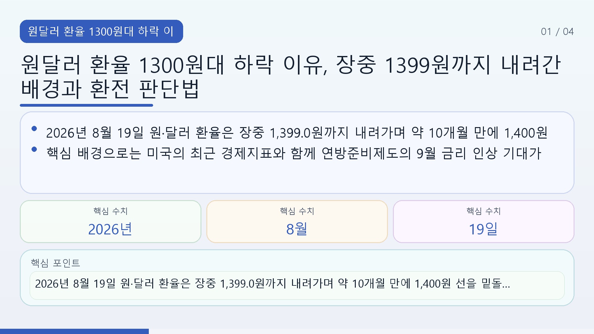 2026년 8월 19일 원달러 환율이 장중 1399원까지 하락한 흐름과 주요 배경을 설명하는 정보 이미지
