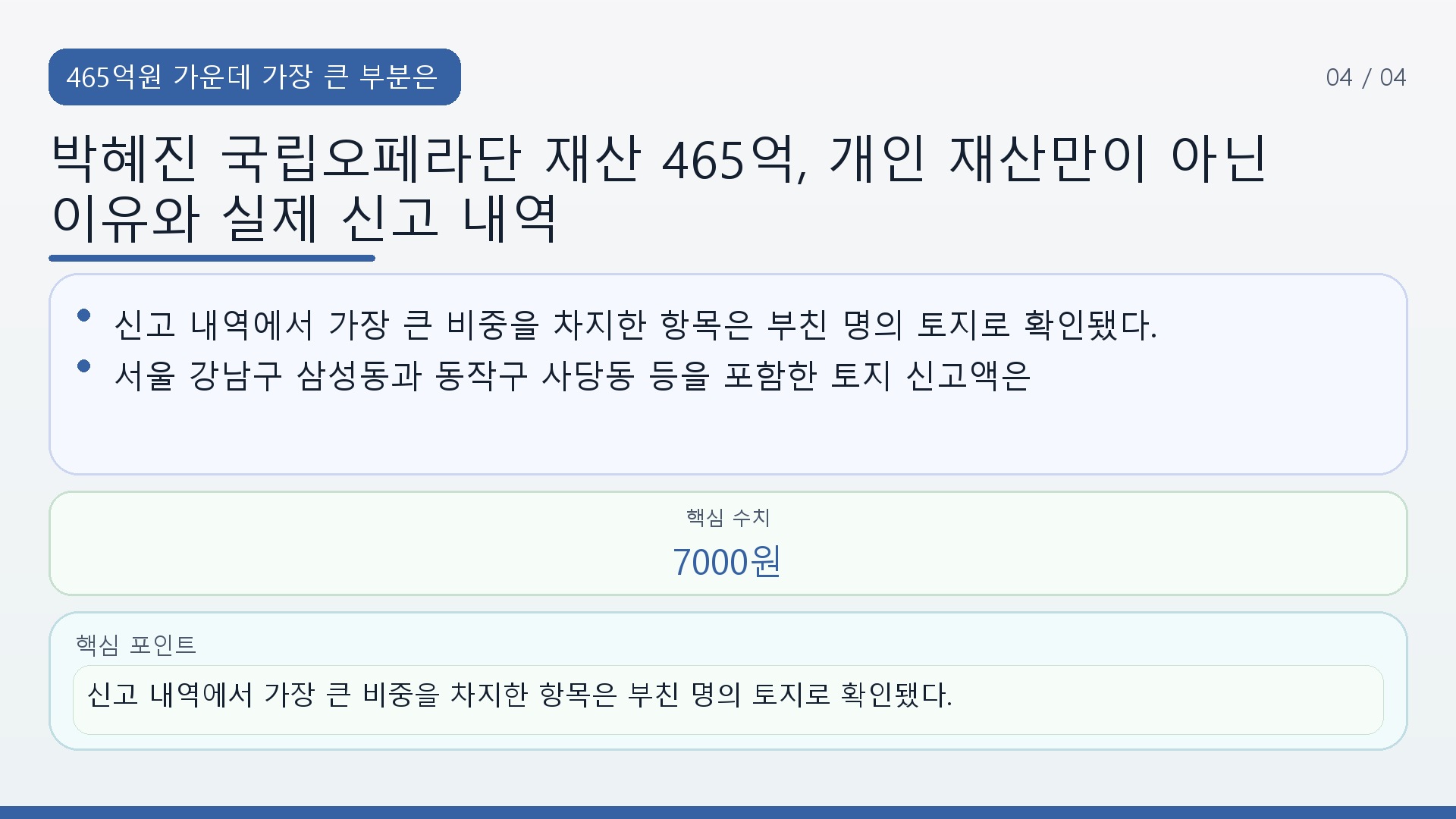 박혜진 국립오페라단 재산 465억, 개인 재산만이 아닌 이유와 실제 신고 내역 - 465억원 가운데 가장 큰 부분은 부친 명의 토지다 핵심 내용을 정리한 정보형 이미지
