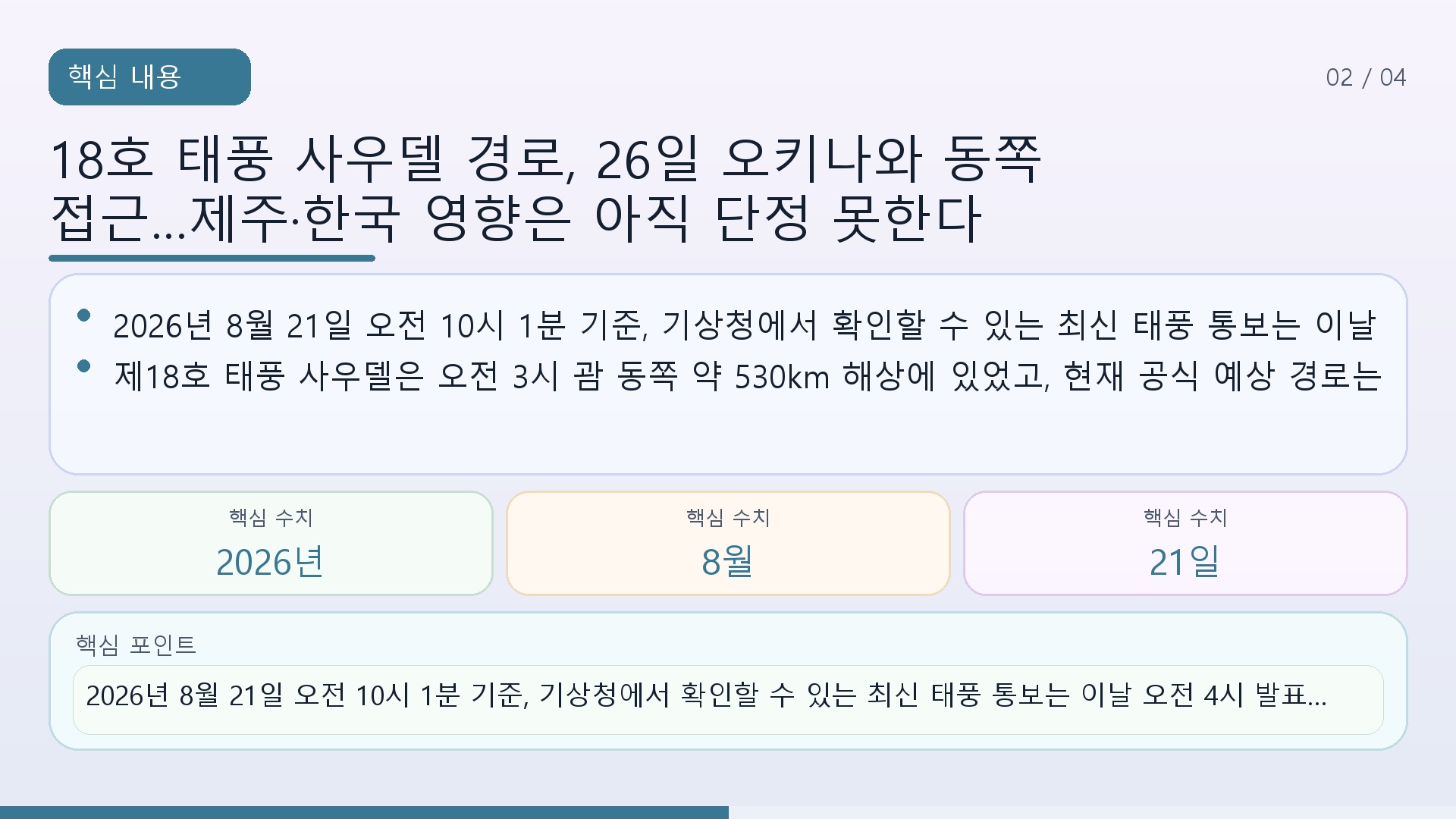 18호 태풍 사우델 경로, 26일 오키나와 동쪽 접근…제주·한국 영향은 아직 단정 못한다 - 핵심 내용 핵심 내용을 정리한 정보형 이미지
