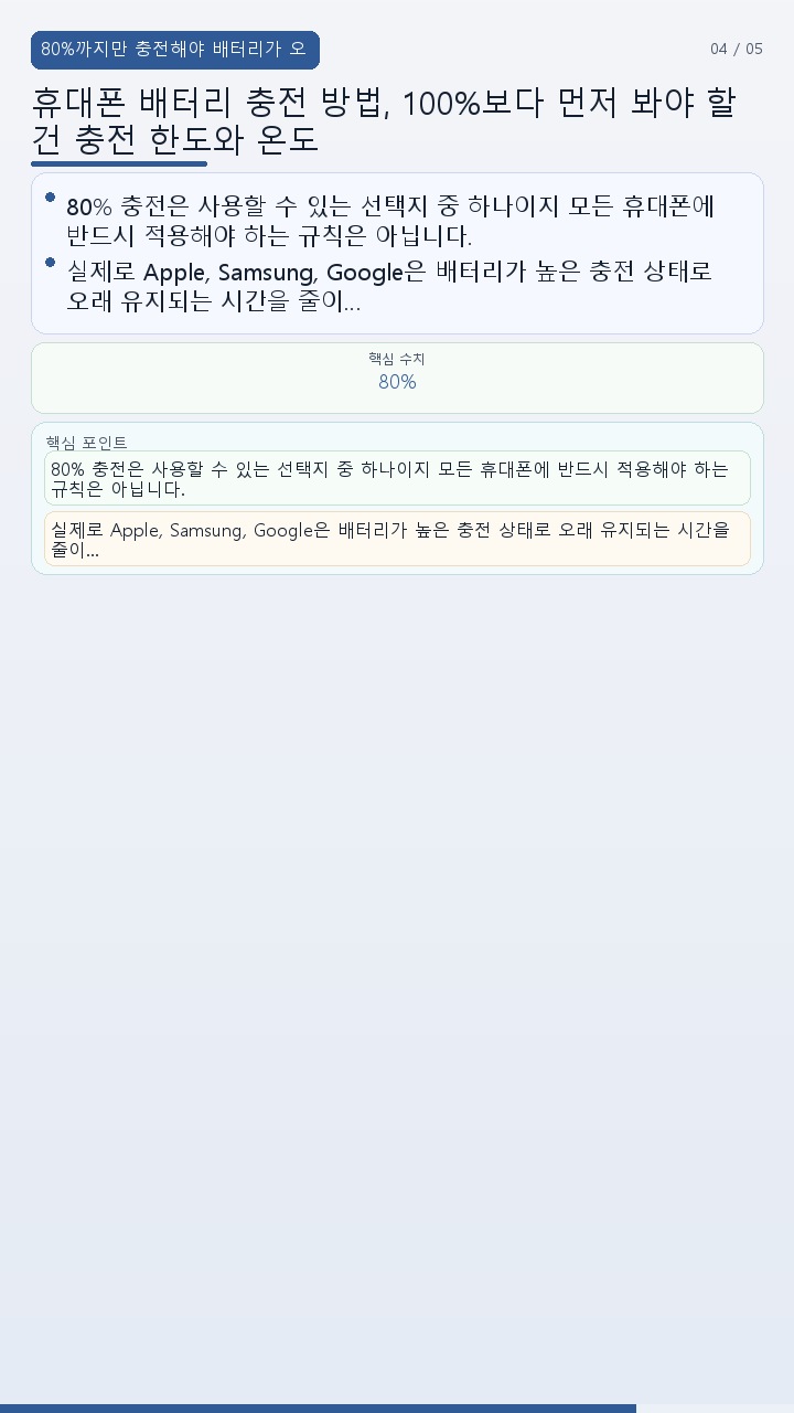 휴대폰 배터리 충전 방법, 100%보다 먼저 봐야 할 건 충전 한도와 온도 - 80%까지만 충전해야 배터리가 오래 갈까 핵심 내용을 정리한 정보형 이미지