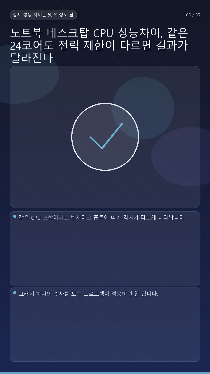 노트북 데스크탑 CPU 성능차이, 같은 24코어도 전력 제한이 다르면 결과가 달라진다 - 실제 성능 차이는 몇 % 정도 날까 핵심 내용을 정리한 정보형 이미지
