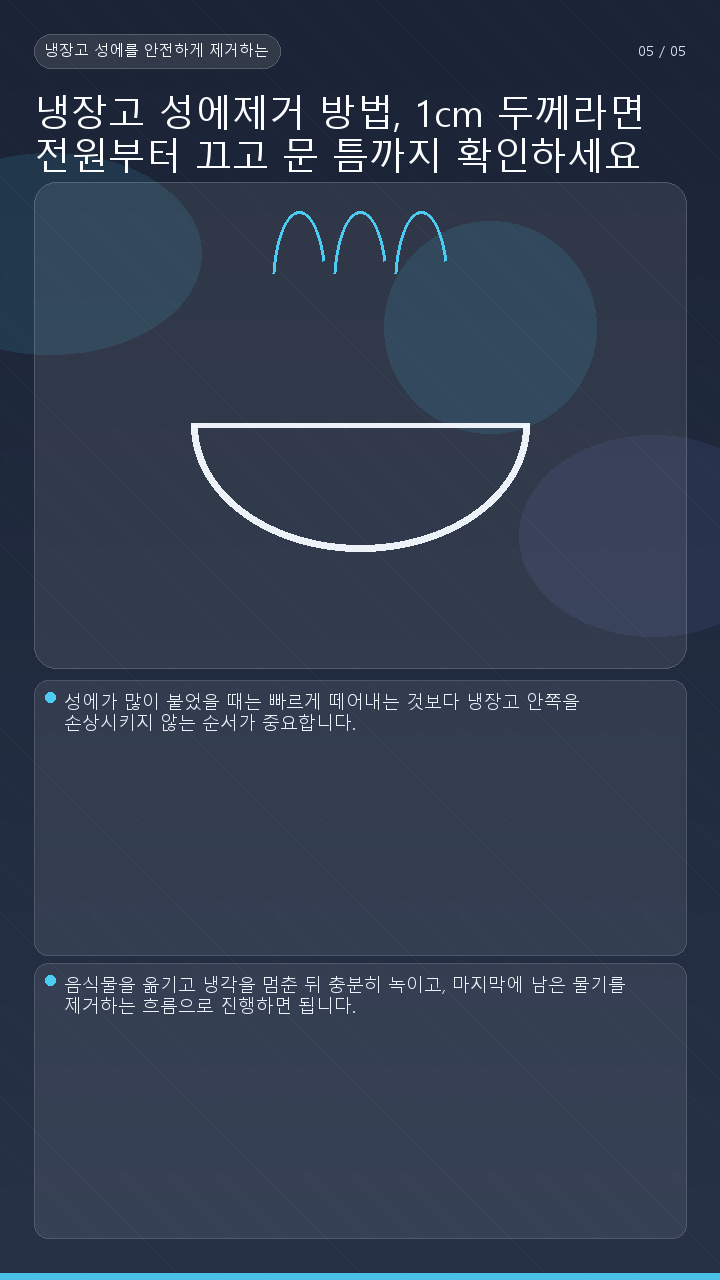 냉장고 성에제거 방법, 1cm 두께라면 전원부터 끄고 문 틈까지 확인하세요 - 냉장고 성에를 안전하게 제거하는 순서 핵심 내용을 정리한 정보형 이미지