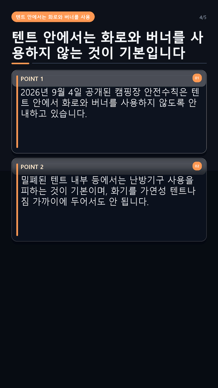 가을 캠핑·나들이 준비, 출발 전 마지막 점검은 난방·전기·진드기 순서로 - 텐트 안에서는 화로와 버너를 사용하지 않는 것이 기본입니다 핵심 내용을 정리한 정보형 이미지