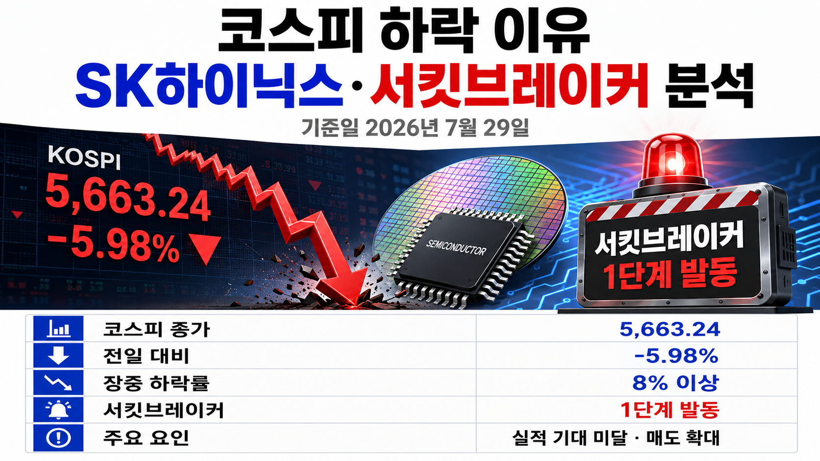 2026년 7월 29일 코스피 하락 이유, SK하이닉스 실적과 서킷브레이커 분석 핵심 내용 정보형 썸네일